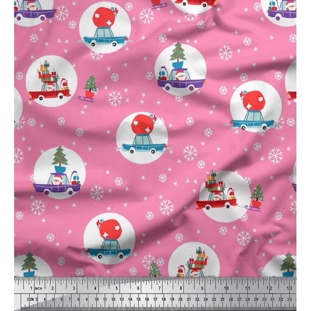 Soimoi Rayon Fabric Gift Box,Car & Santa Christmas Printed Fabric 1 Yard 42 Inch Wide