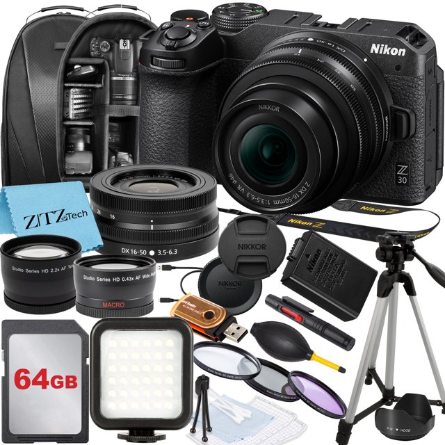 Nikon Z30 Mirrorless Camera with NIKKOR Z DX 16-50mm VR Zoom Lens, 64GB Memory Card, Backpack, Flash, Tripod and ZeeTech Accessory Bundle