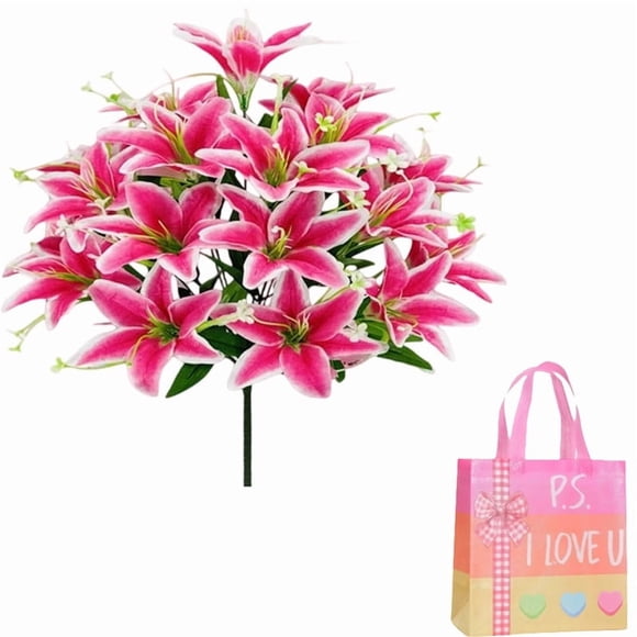 Artificial Lily Flowers 18 Heads Long Stem Stargazer Lilies Faux Fake Lily Flower Bouquet for Home Hotel Office Party Decor Hot Pink 1 Pc