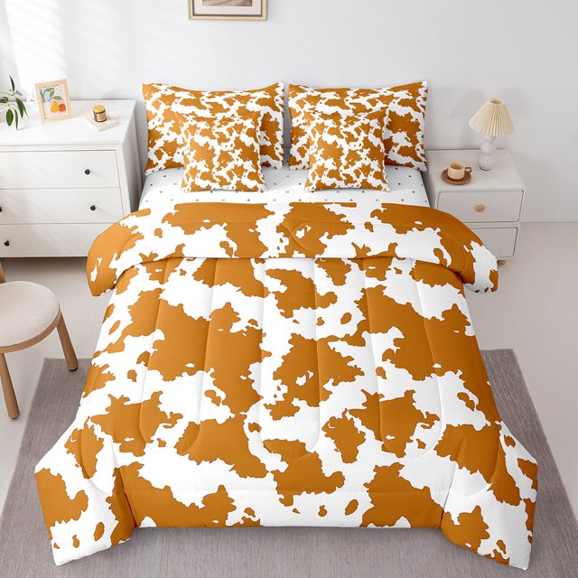 YST Red Brown Cowhide 7-Piece Comforter Set, Full, Farmhouse Western Bull Cattle Cow Print Bedding