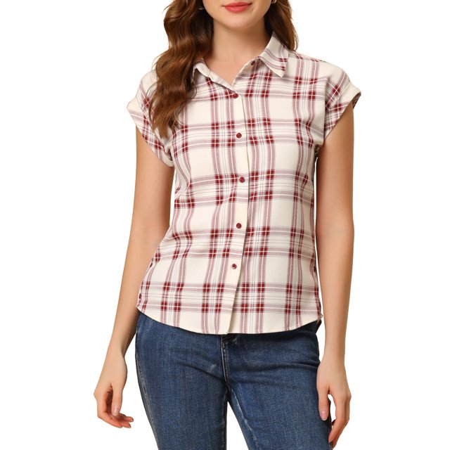 INSPIRE CHIC Chemise à Carreaux pour Femme à Col Pointu, Manches Courtes à Revers, Boutonnée, m Rouge-Blanc