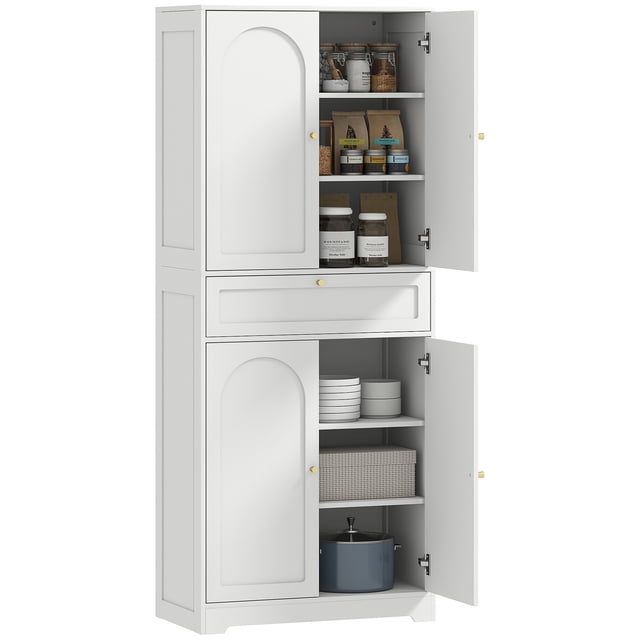 HOMCOM Armoire de Garde-Manger de Cuisine de 72,4 Pouces de Hauteur, Armoire de Rangement avec Portes, Vue Blanche Centrée Orientée vers l'Avant d'Une Armoire de Garde-Manger Blanche Autoportante avec Portes de Style Shaker, un Seul Tiroir Supérieur avec Poignées Dorées, Détails en Panneau Encastré et une surface en Mélamine Résistante aux Rayures; l'Intérieur Comprend des Tablettes Ajustables et un kit Anti-Basculement Inclus, Convient à l'Organisation du Garde-Manger de Cuisine, du Rangement de Salle à Manger Ou du Linge et des Fournitures d'Artisanat.