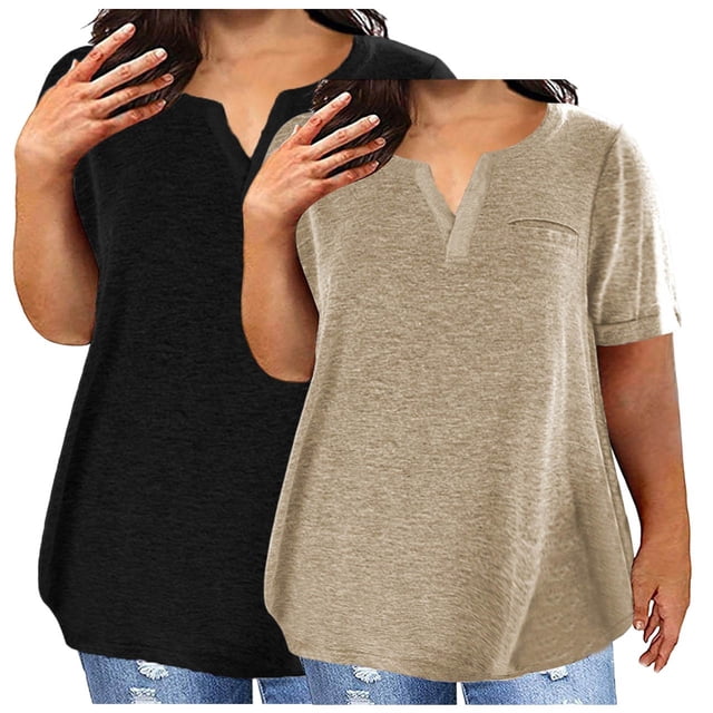tarylea 2 Pcs T-Shirts à Manches Courtes pour Femmes Grande Taille T-Shirts de Couleur Unie Col Rond T-Shirts Basiques Unis