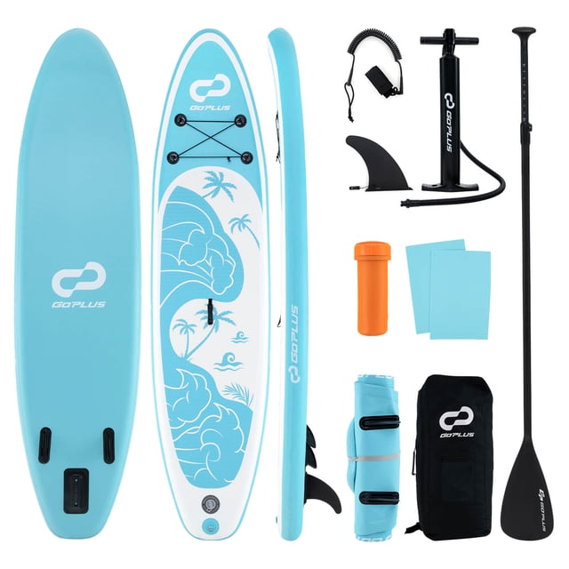 Goplus Small Inflatable SUP Board in turquoise, measuring 10' x 30" x 6". Includes adjustable paddle (65.5" to 82"), 5 D rings for accessories, and a complete set of professional gear: backpack, pump, leash, repair kit, spanner, and removable fin. Made of durable PVC for various water activities like yoga, fishing, and surfing. Portable design allows easy inflation and deflation for compact storage.