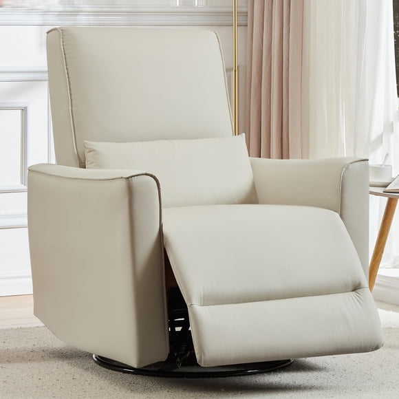 TROPOW 360° Swivel, Rocking Chair Nursery, Glider Rocker Recliner, PU Leather Sofa Chair with high Back, Deep Seat for Nursery, Living Room, Bedroom, Beige