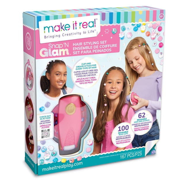 Make it Real Ensemble d'Accessoires Snap n Glam, Trousse d'Artisanat pour Enfants pour Créer des Coiffures avec 100 Pinces à Perles Réutilisables avec accents de Papillon, de Gemme et de Fleur. Comprend une Cartouche pour un Coiffage Facile, Convient à Tous les types de Cheveux. Parfait pour les Préados pour Explorer des designs de Cheveux Créatifs.
