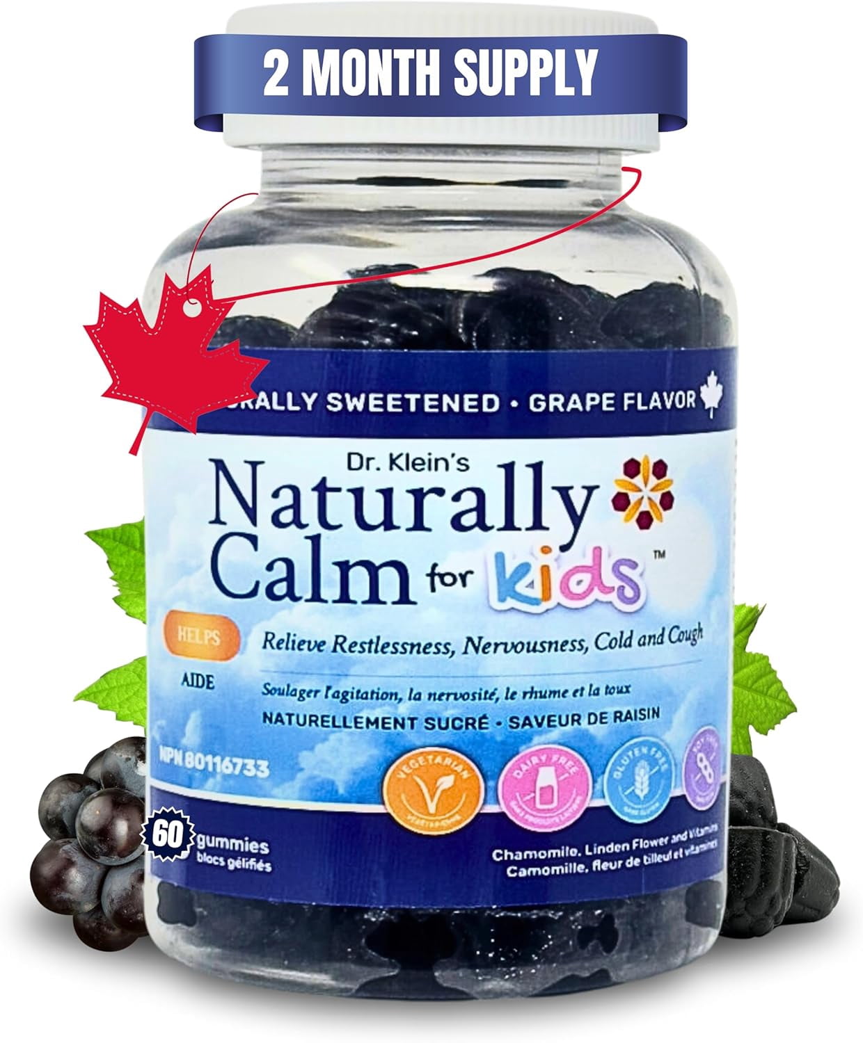 Naturally Calm Gummies for Kids – Magnesium Glycinate, Chamomile, & Linden Extract – Multivitamins that Promote Well-Being, Balance, & Overall Health – 60 Chewable Gummies – Grape Flavored – Rhoziva