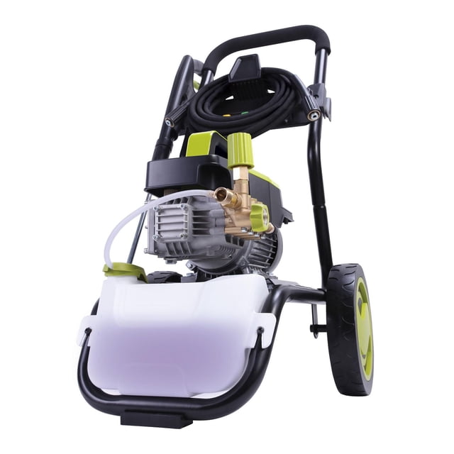 Sun Joe SPX9005-PRO Commercial Series Cold Water Electric Direct Drive Crank Shaft Pressure Washer with 2.15 HP brushless induction motor, black and green steel roll cage frame, large rear wheels, 25-foot steel-reinforced high-pressure hose coiled on top, and 1-gallon detergent tank on front for heavy-duty outdoor cleaning.