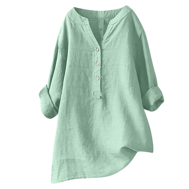 RKSTN Womens Tops Cotton and Linen V-Neck Long Sleeve Three Buttons Plus Size Tops Loose Fit Solid Color Basic Breathable Summer Tops Blouses