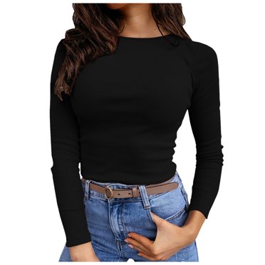 Fgnfyis T-Shirts à Manches Longues pour Femmes, Col Ras du Cou Extensible, Côtelé, Ajusté, Décontracté, Basique, T-Shirts pour Femmes, Noir, G