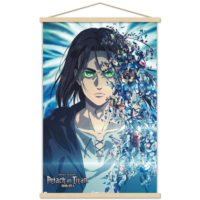 Attack on Titan : The Final Season - Affiche Murale de Fragments Représentant un Personnage d'Anime Centré aux Longs Cheveux Foncés Portant une Veste Foncée et une Chemise Légère, le Côté Droit Se Dissolvant en de Petits Fragments Montrant Divers Personnages et Scènes de la Série, sur un Fond Bleu et Blanc Radieux, Imprimée sur du Papier Lustré Mesurant 14,725 par 22,375 Pouces, Idéale pour Décorer des Chambres, des Bureaux Ou des Dortoirs.