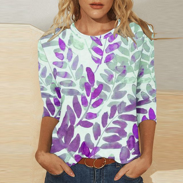 Jsaierl Automne Manches 3/4 Hauts pour Femmes Décontractés Col Rond Chemises Mode Imprimées T-Shirts Confortables Légers 2024 Blouses pour Dames
