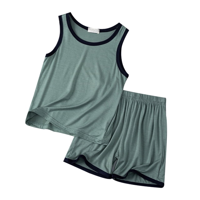MIASHUI Ensemble Débardeur et Short pour Garçons Deux Pièces d'Été Sans Manches Pyjamas, Vert, 8-9 Ans