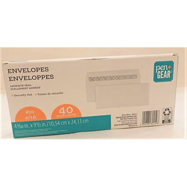 Pen + Gear No.10 Enveloppe Blanche Gommée Boîte de 40 Unités avec 40 Enveloppes Lettres Blanches Comprenant un Sceau Adhésif et une Teinte de Sécurité pour la Confidentialité, Mesurant 4 3/20 par 9 1/2 Pouces (10,54 x 24,13 cm), Idéale pour les Besoins d'Envoi au Bureau et à l'École, Importée par Walmart Canada.