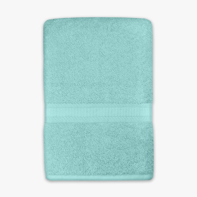 Mainstays Basics Solid Bath Sheet in light blue, folded with a textured band, made from 100% cotton terry fabric measuring 30 by 60 inches, offering softness and absorbency for bathroom accessories and towels, suitable for everyday use or as a lightweight wrap after bathing.