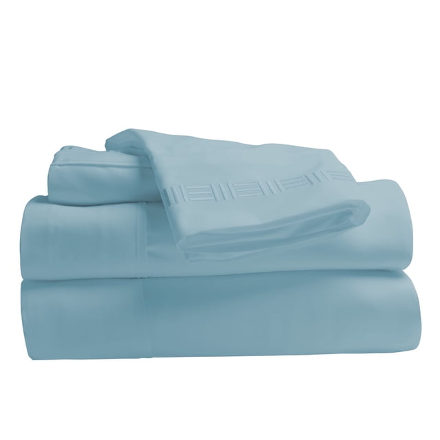 Comfy Bamboo World 9900 Series 100gsm Embroidered Bedsheets Sheet Set in light blue, full size. This 4-piece set includes ultra-soft, hypoallergenic microfiber sheets with a wrinkle-resistant finish. Features deep pockets for mattresses up to 18 inches and an embroidered design for added elegance.