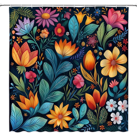 Boho Floral Extra Long Shower Curtain - Colorful Flower Leaves Leaf Plant Nature Spring Rustic Blue Yellow Black Bathroom Home Decor, Includes Hooks, 70" W x 84" H, Perfect for Vibrant Bathrooms