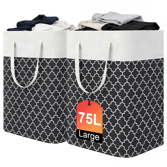 Lolsea Laundry Basket, 2-Pack 75L Laundry Hamper with Long Handles, Collapsible Waterproof Clothes Hamper for Dorm Clothes Toy Storage, Black