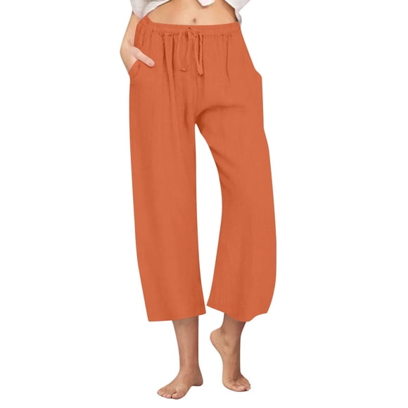 Brnmxoke Pantalon Capri pour Femmes Grande Taille Chic Décontracté Jambe Grand Court en Lin avec Poches Cordon Taille Élastique Pantalon d'Été de Plage Orange,G