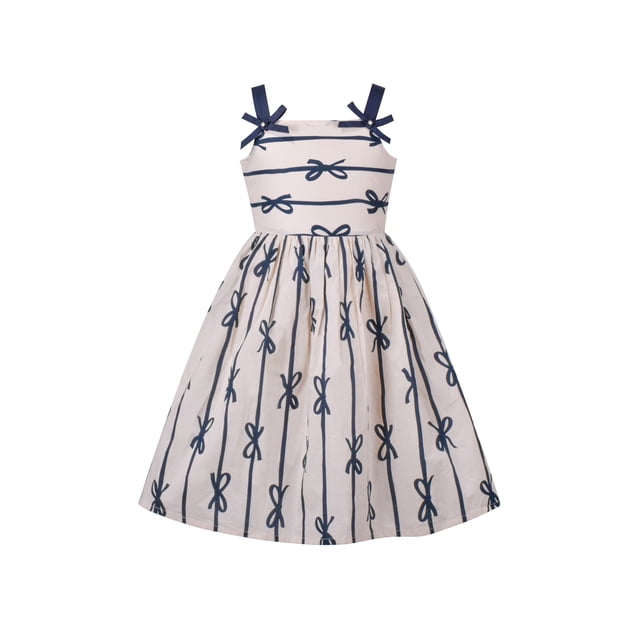 Robe Fille à Bretelles Nœud Papillon Rayée Robe d'Été Coton Confortable Sans Manches 7 Ans
