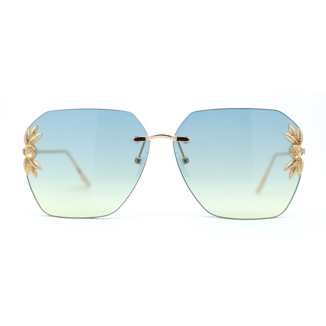 Rimless Foliage Flower Jewel Trim Rectangle Chic Sunglasses Gold Blue Yellow