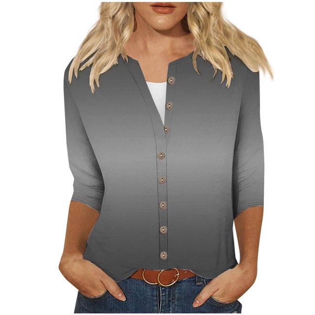 cfhntfmh 3/4 Length Sleeve Womens Tops Fashion V Neck Loose Printed Cardigans Lounge Buttons down Blouses