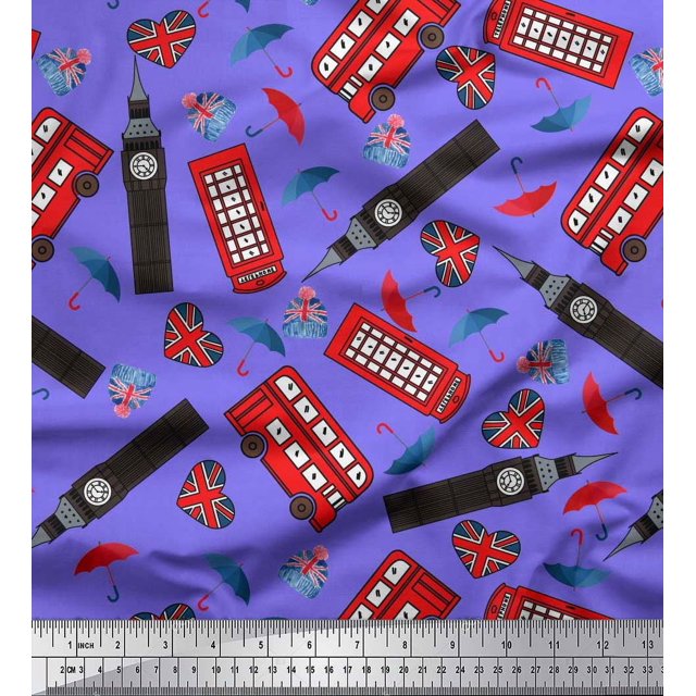 Soimoi Viscose Chiffon Fabric Bus,Telephone Booth & London Clock Tower Architectural Print Fabric by The Yard 42 Inch Wide