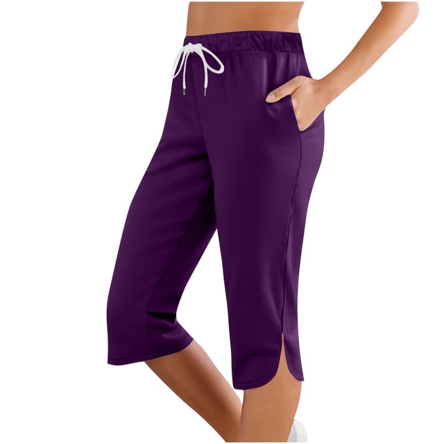 Timegard Capris Pants for Women Elastic Waist Drawstring Solid Color Casual Comfy Workout Cropped Pants