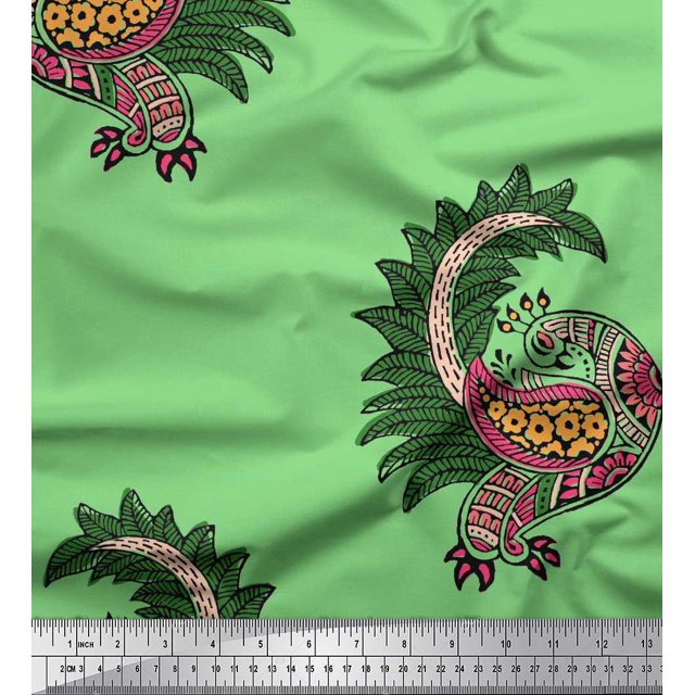 Soimoi Crepe Silk Fabric Peacock Block Print Fabric by The Yard 42 Inch Wide
