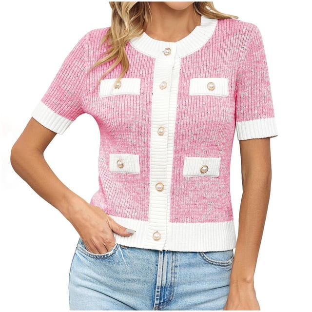 JGGSPWM Women's Short Sleeve Button Down Cardigans Sweater in pink, size L. This cropped, lightweight knit top features a crew neck, short sleeves, and pearl-accented buttons. The cardigan includes two functional front pockets and white ribbed trim on the sleeves, neckline, and hem. Styled with light-wash jeans.