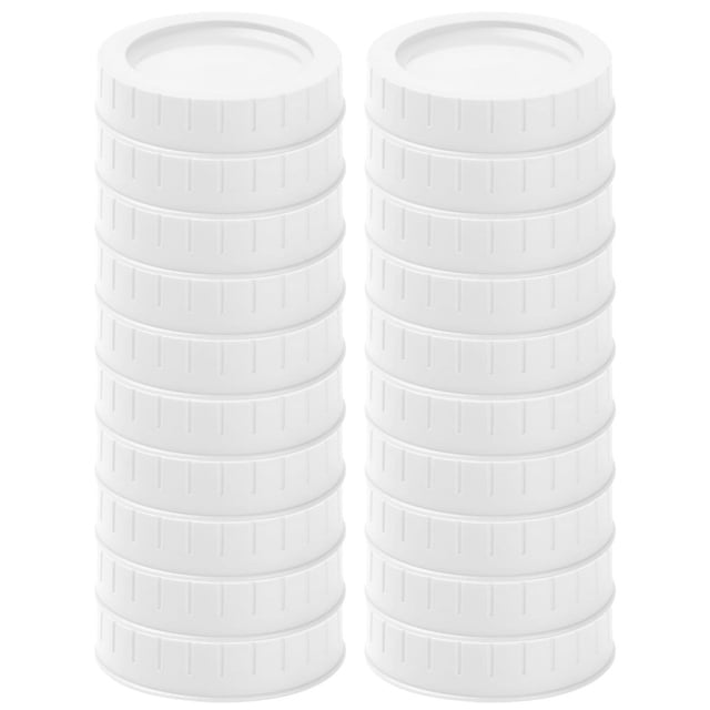 20pcs plastic mason jar lids made of food-grade PP material, shown in a stack of two columns. These white, reusable, leak-proof replacement jar lids fit regular mouth 70mm mason jars and feature a scratch-resistant design with easy-to-grasp edges. Dishwasher safe and BPA-free, suitable for canning and food storage.