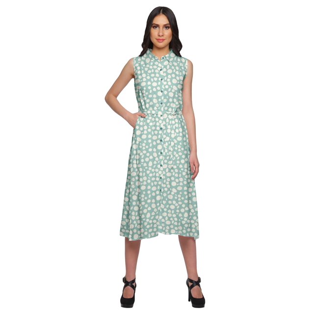 Moomaya Adjustable Fabric Belt Printed Lapel Collar Button Down Casual Dress