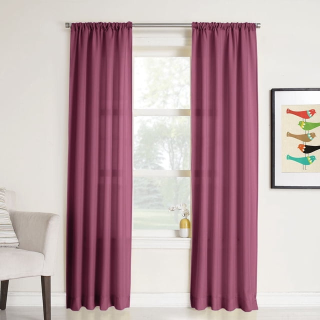 918 Rapture Rod Pocket Sheer Curtain in muted berry color made of lightweight cotton-look polyester fabric with a 3-inch rod pocket top, filtering light and enhancing privacy in a bright room with a beige armchair and framed bird artwork, ideal for casual window treatments.