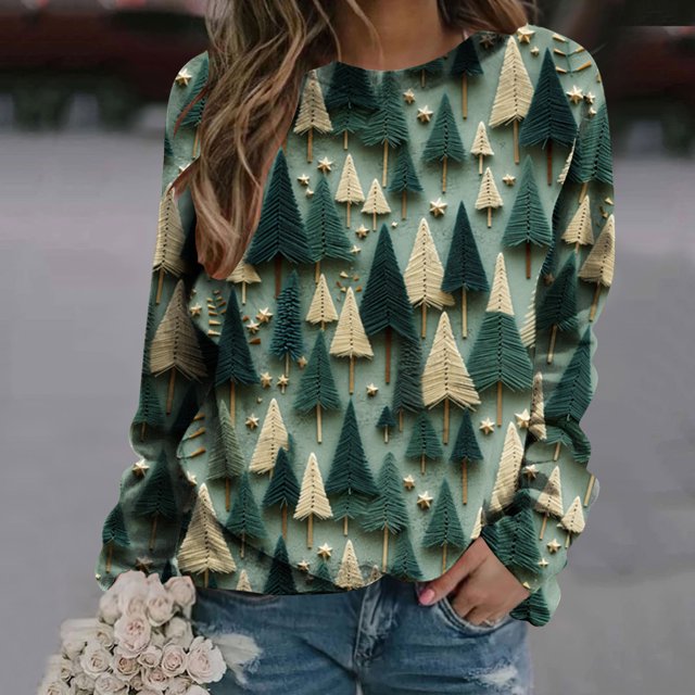 LSLJS Women's Christmas Printed Round Neck Long Sleeved Top Loose Fitting Sweater