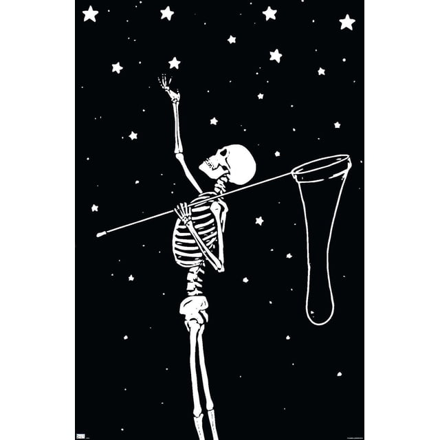 Affiche Murale de Squelette Collectionnant des Étoiles, 22,375 Po x 34 Po, Représentant un Squelette Blanc Tendant une Filet sur une Longue Perche pour Attraper des Étoiles Blanches sur un Fond Étoilé Noir, Imprimée sur Papier Lustré, Convient à la Décoration Murale de Chambre, Bureau Ou Dortoir.