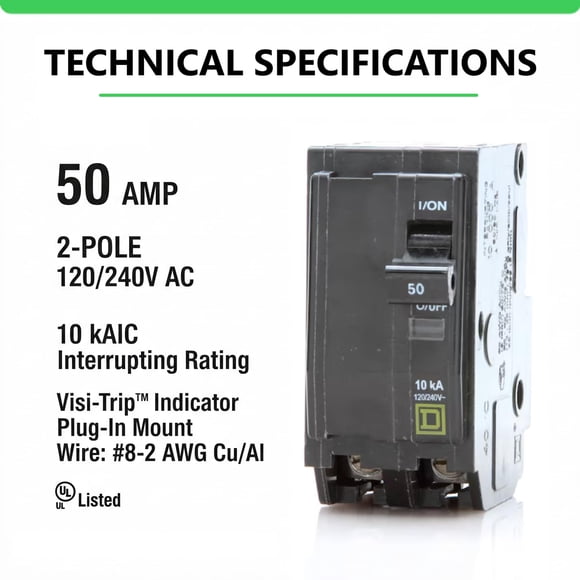 FalconSupply Genuine Square D QO250 Circuit Breaker Kit, 50 Amp (50A) Double Pole (2 Pole), 120/240V AC, 10kAIC, Plug-in Mount for QO Load Centers & Panels, Visi-Trip Indicator, N