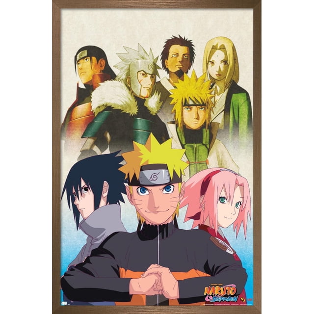 Naruto Shippuden - Key Art Wall Poster, 14.725" x 22.375" featuring a framed anime poster of Naruto Shippuden characters. The foreground shows three characters with distinct hairstyles and outfits: one with spiky yellow hair in an orange and black jacket, one with black hair and a high collar, and one with pink hair in a red outfit. Behind them are five characters including one with white spiky hair and a fur collar, and another with long blonde hair in a green robe. Printed on glossy paper with high-resolution artwork, this wall art enhances colors for bold room decor, suitable for bedrooms, offices, or dorms. Lightweight and ready to frame or hang, it is also ideal as a gift for anime fans.