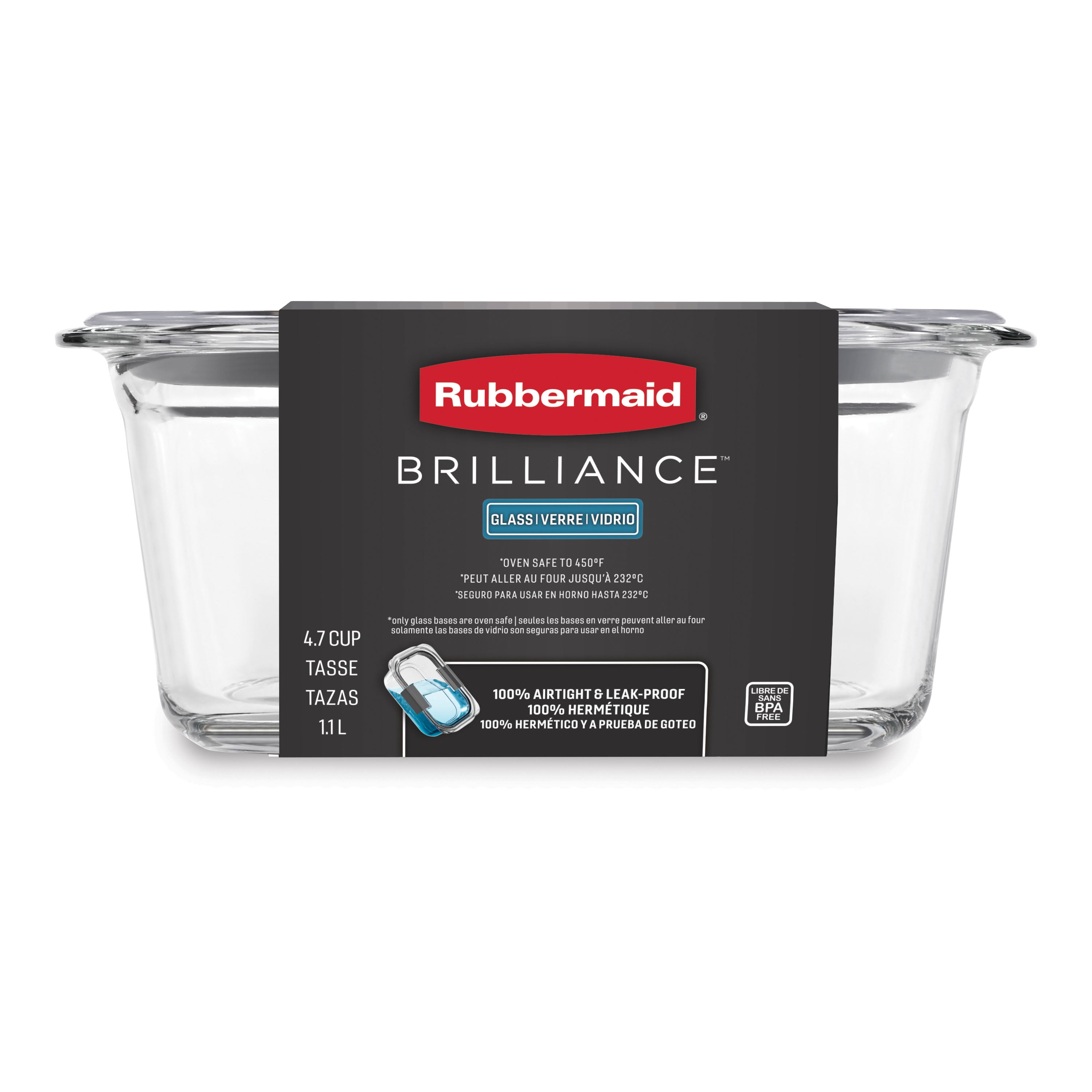 Récipient d’entreposage pour aliments en verre Rubbermaid Brilliance, 4,7 tasses (1,1 l), paquet de 1