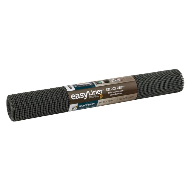 Select Grip EasyLiner Brand Shelf Liner in dark gray, 20 in. x 6 ft., rolled with a textured non-adhesive grip top and bottom to protect drawers and utility cabinets from scratches and keep items in place, also suitable for lining shelves.