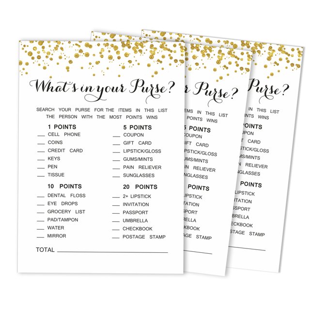 Inkdotpot 50-PackGold ConfettiWhats In Your Purse Bridal ShowerGameWedding Shower Bachelorette Party Bulk ActivityGameCards