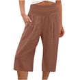thumbnail image 1 of Pantalon Capri à Enfiler pour Femmes Pantalon Court Jambe Échancrée Taille Régulière Polyester Coton Lin Pantalon Capri Pantalon Capri pour Dames Style C-20 Café m, 1 of 5