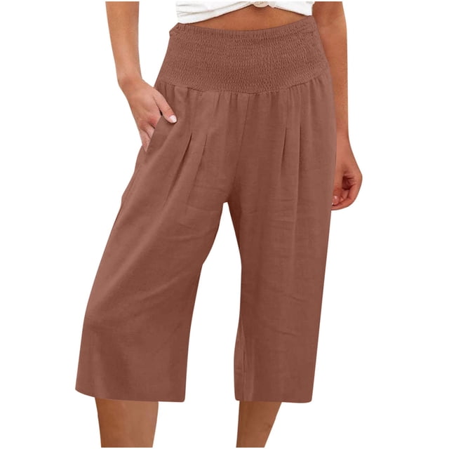 Pantalon Capri à Enfiler pour Femmes Pantalon Court Jambe Échancrée Taille Régulière Polyester Coton Lin Pantalon Capri Pantalon Capri pour Dames Style C-20 Café m