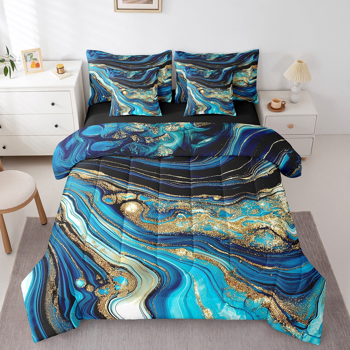 YST Watercolor Abstract Marble Bedding Set Teal Navy Foil Print, Full (7 Count)
