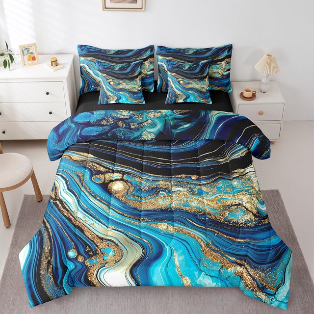 YST Watercolor Bedding Comforter Sets 7pcs Abstract Marble Bed in a Bag, Queen