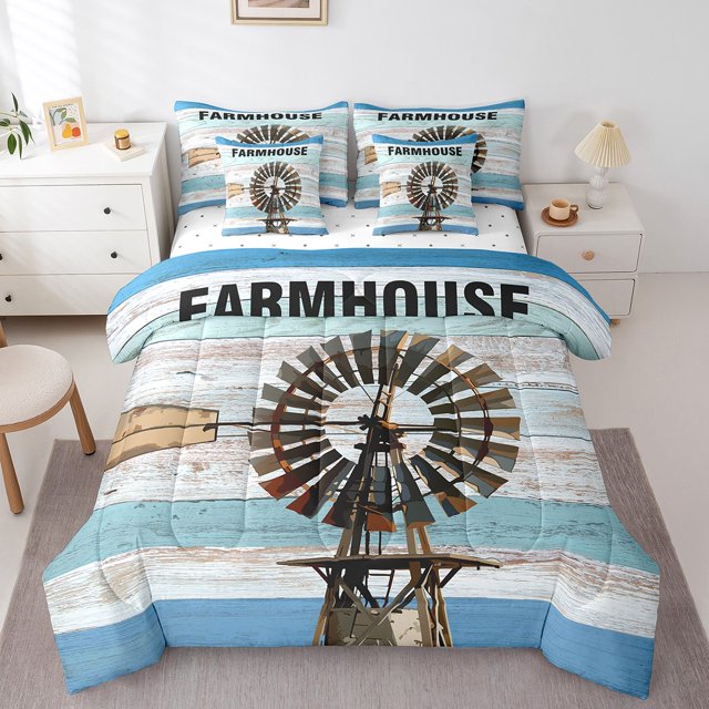 YST Rustic Farmhouse Comforter Set with Sheets, 7-Piece, King Size displayed in a bedroom setting. The comforter showcases a windmill design with a rustic wood panel background in blue and white tones, paired with matching pillowcases and throw pillow covers featuring 'Farmhouse' text. The set includes 1 comforter (104"x90"), 1 flat sheet (106"x90"), 1 fitted sheet (78"x80"x16"), 2 pillowcases (20"x30"), and 2 throw pillow covers (18"x18").
