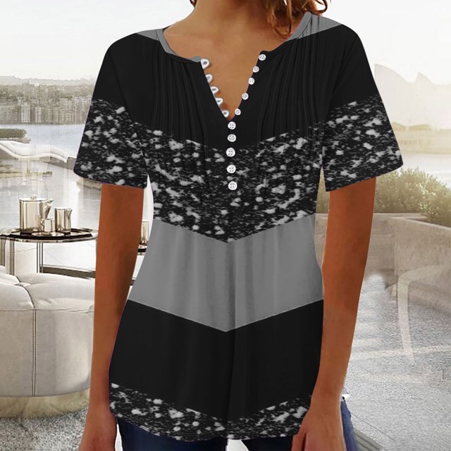 Blouses for Women Womens Printed V-neck Button Up Short Seeved Top