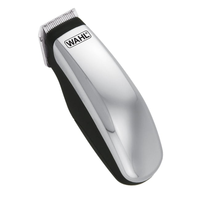 Deluxe Pocket Pro Touch up Trimmer for Dogs and Cats Wahl featuring a compact, ergonomic silver and black design with a narrow precision blade, battery-operated for flexible home grooming, ideal for detailed trimming of whiskers, ears, and paws on dogs and cats.