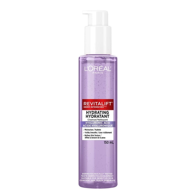 L'Oréal Paris Hydrating Face Cleanser in a 150 mL translucent purple pump bottle labeled Revitalift Derm Intensives with Hyaluronic Acid, designed to hydrate, smooth fine lines, and refine skin texture, suitable for sensitive skin.