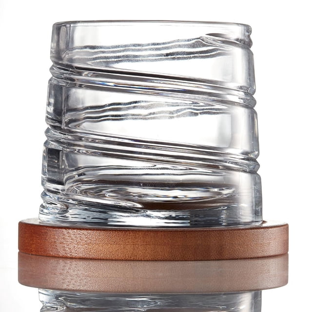 Pirouette Spirale Old Fashion Whiskey Glass with Bamboo Coaster 300ml set of 4, clear lead-free crystal glass with a spiral design that spins on the bamboo coaster, ideal for whiskey lovers and dining entertaining, also suitable for serving cocktails.