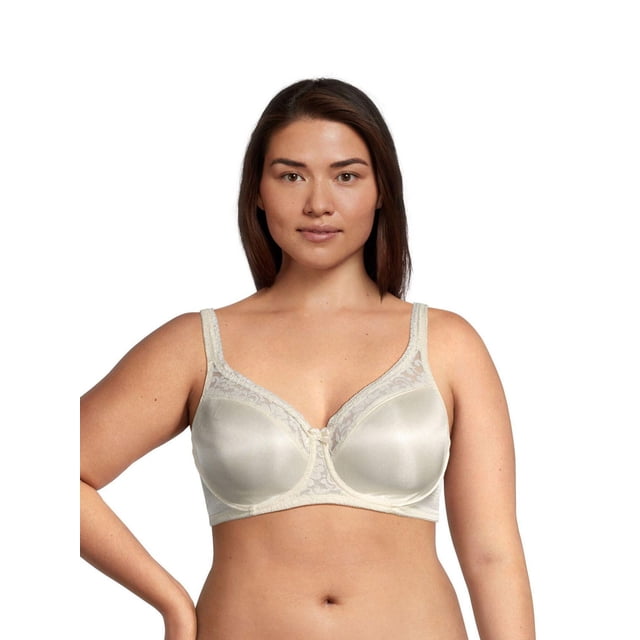 Warners Women's Firm Support Underwire Minimizer Bra in cream color, front-facing with full coverage cups featuring lace trim on the upper edges and adjustable straps, designed to reduce bust size by one cup and provide firm support and natural shaping, often used for comfortable everyday wear.
